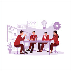 Marketing concept. Managers and employees meet in the office to plan marketing improvements. Trend Modern vector flat illustration