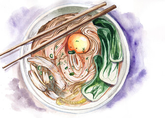 chinese noodles with chicken and spinach watercolor sketch