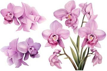 Watercolor image of a set of orchid flowers on a white background