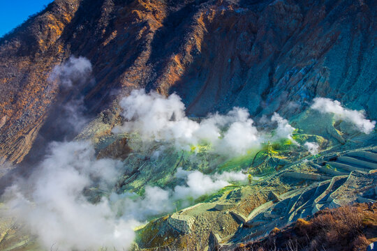Owakudani valley emitting a plume of smoke, Japan,Kanagawa Prefecture,Hakone Machi