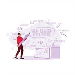 Obraz premium An entrepreneur creates a website development scheme using a gadget with icons on the screen. Web design concept. Trend Modern vector flat illustration