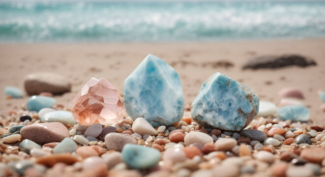 Larimar and morganite stones on the beach. Stone background. 