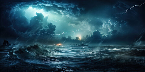 Epic huge storm lightning thunder ocean waves bad weather background, generated ai