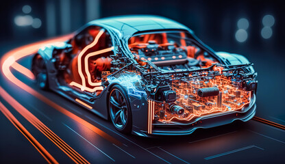 Naklejka premium EV electric car system or futuristic automotive technology with connecting power control.super computer in modern machine.artificial intelligence development.