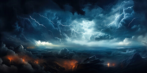 Epic huge storm lightning thunder ocean waves bad weather background, generated ai - obrazy, fototapety, plakaty