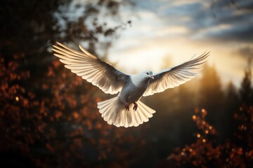 Obraz premium Flying white dove in the blue sky with sun. Freedom and peace concept, Generative AI