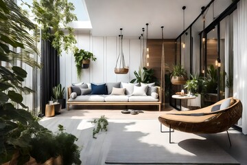 modern living room ,Modern balcony sitting area decorated with green plant and white wall. superlative generative AI image. - obrazy, fototapety, plakaty