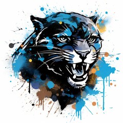 Black panther head with watercolor splashes on grunge background illustration