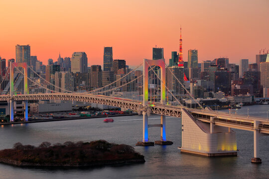 Tokyo Tower and Rainbow Bridge at Dusk, Japan,Tokyo,Minato,Daiba