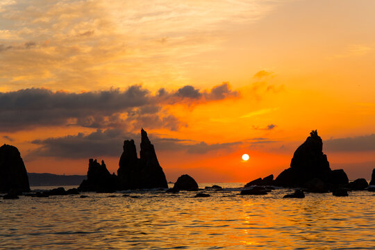 Sunrise and Hashigake Iwa, Japan,Wakayama Prefecture,Higashimuro District, Wakayama,Kushimoto town