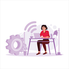 Young woman sitting in front of a laptop drinking tea at home, doing productive remote work. Freelance Productivity concept. Trend Modern vector flat illustration