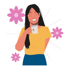 woman drinking tea menstruation cramps in flat illustration