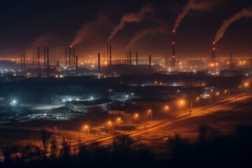 Nighttime scene of Azovstal steel plant in Mariupol, Ukraine before the war. Smokestacks, lights, and smokes create an industrial landscape. Generative AI