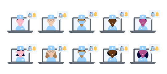 Set of female and male physician, doctor, hospital nurse on laptop screen. Therapist. Flat style. Mobile Health Diagnostics. Vector illustration.