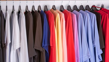 shirts on hangers, different colored shirts hanging on a rack, fashion, store, hanger, shirt, shop, colorful, cloth, t-shirt, retail, shopping, dress, textile, fabric, wear, market