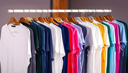 clothes on hangers, colored shirts hanging on a rack, clothing, fashion, store, shop, shirt, hanger, colorful, shopping, textile, sale, cloth, t-shirt, retail, market, dress, fabric