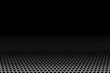 Hexagonal metal grid texture is below, perspective pattern. Black background and gradient color.