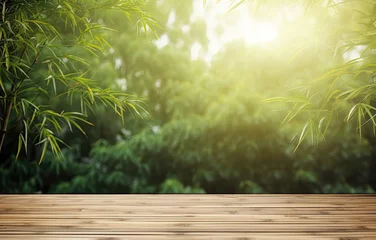 Foto op Plexiglas Empty wooden desk with bamboo grove on background © Aleksandr Bryliaev