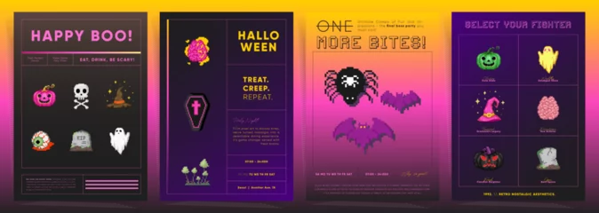 Fotobehang 8Bit Pixel Art Halloween Posters. Video Game Style Ghosts, Pumpkins, and More for Spooky Posters. Y2k Retro 90s Templates for Events and Parties. Perfect for Announcements and Decorations. © Takoyaki Shop