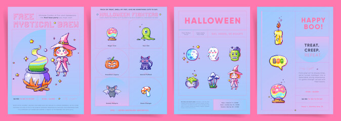 Pixel art Cute Halloween Posters. Gradient Template Design Set for Posters and Banners. Futuristic Video Game Holographic Card with Spooky Monsters and Witches. Vector 8bit Y2K Graphic Design.