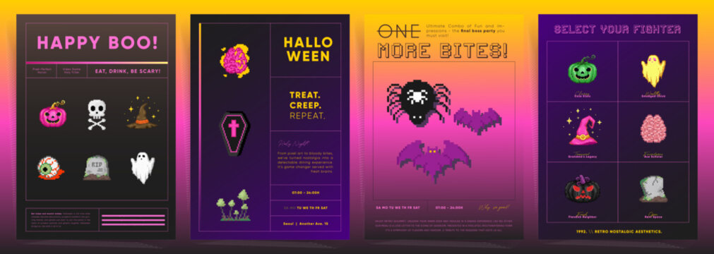 8Bit Pixel Art Halloween Posters. Video Game Style Ghosts, Pumpkins, and More for Spooky Posters. Y2k Retro 90s Templates for Events and Parties. Perfect for Announcements and Decorations.
