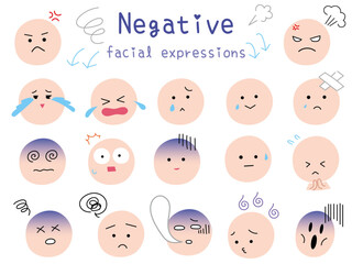 シンプルでかわいいネガティブな顔表情のアイコンセット　カラーのフラットデザイン