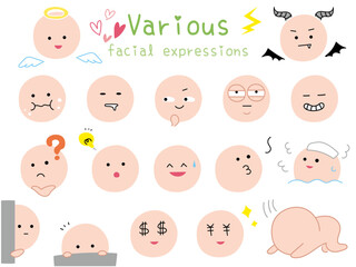 シンプルでかわいい色々な顔表情のアイコンセット　カラーのフラットデザイン