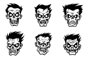Monochrome illustration of a zombie's head collection. Halloween theme