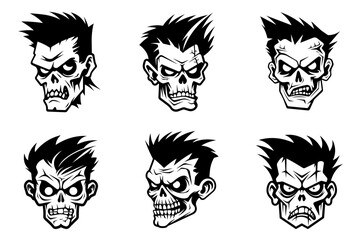 Monochrome illustration of a zombie's head collection. Halloween theme