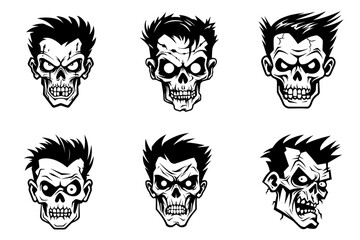 Monochrome illustration of a zombie's head collection. Halloween theme
