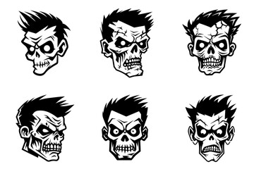 Monochrome illustration of a zombie's head collection. Halloween theme