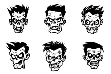 Monochrome illustration of a zombie's head collection. Halloween theme