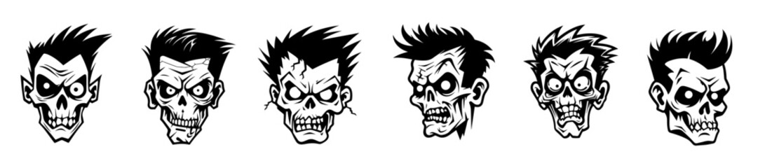 Monochrome illustration of a zombie's head collection. Halloween theme