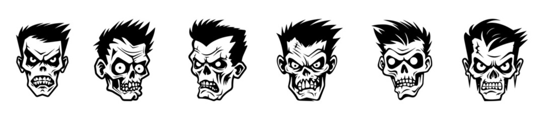 Fototapeta premium Monochrome illustration of a zombie's head collection. Halloween theme