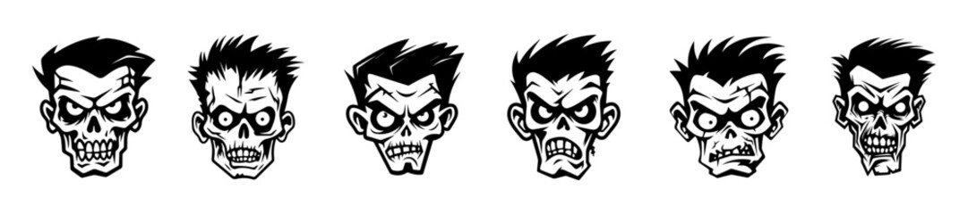 Monochrome illustration of a zombie's head collection. Halloween theme