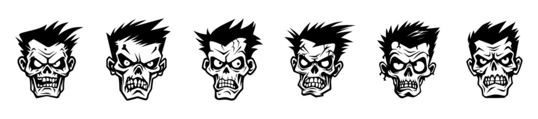 Monochrome illustration of a zombie's head collection. Halloween theme