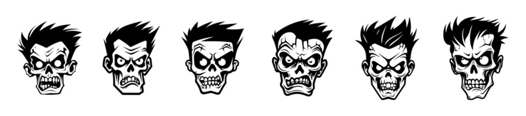 Monochrome illustration of a zombie's head collection. Halloween theme