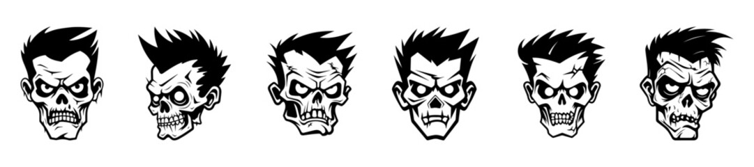Monochrome illustration of a zombie's head collection. Halloween theme