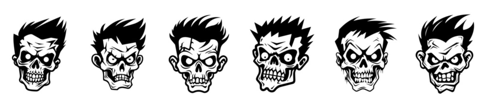 Monochrome illustration of a zombie's head collection. Halloween theme
