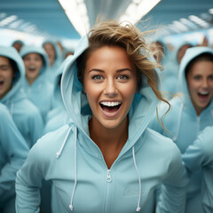 Joyful Runners in Blue Hoodies