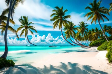 Fototapeta premium beach with palm trees ,Paradise beach natural background. Illustration Generative AI.