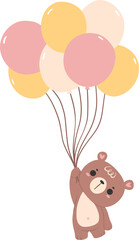 Cute teddy bear with balloons, nursery kid animal flat design illustration