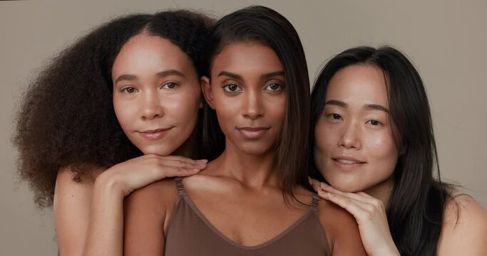 Women, underwear and beauty of diversity friends in studio for portrait, inclusion or wellness. Model people hug on neutral background as different body care, skin glow or natural cosmetic comparison
