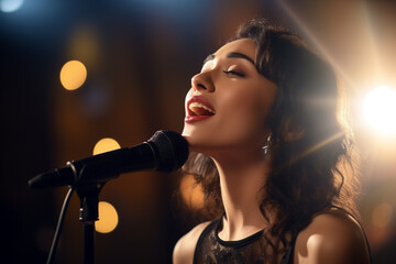 a beautiful female singer with the microphone in vintage style