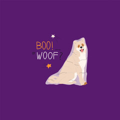 Fototapeta premium Dogs in ghost Halloween costume. Happy Halloween vector illustration. Hand drawn funny lettering. Ideal for holiday cards, decorations, invitations and stickers