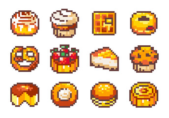 Pixel Art Pastry Set. 8 bit style stickers of Pixelated Bakery Bread and Cakes -  Cinnamon Roll, Cupcake, Waffle, Donut, Pretzel, Cheesecake, Berry Tart, Muffin, Sponge and Moon Cake, 