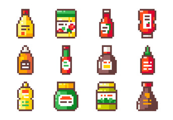 Pixel Art Sauces Set. 8 bit style stickers of Pixelated Fast Food Meals Sauces - Ketchup, Japanese Mayo Mustard,  Soy Sauce, Sriracha, Yeast Spread, Pesto, Mayonnaise, Chili, Cheese and Barbecue.