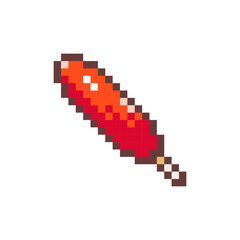 Pixel Art Sausage. Retro 8 bit Style Street Fast Food Fried Sausage on a Stick Illustration. Ideal for Sticker, Retro Decorative Element, Game Asset, Emoji, Patch or Cute Geek Avatar.