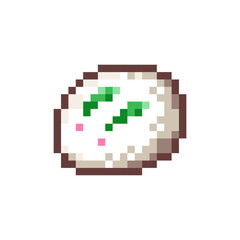 Pixel Art Mochi Dessert. Retro 8bit Style Japanese Sweet Snow Rabbit Mochi Cake Illustration. Ideal for Sticker, Retro Decorative Element, Game Asset, Emoji, Patch or Cute Geek Avatar.	