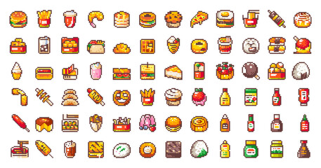Pixel Art Fast and Street Food Collection. Mega Set of Asian, Korean, Japanese and American Ready and Delicious Meals. 8 bit Retro Style Fast Food Pixels.
Burgers, Pastry, Sauces, Cakes, Sandwiches.